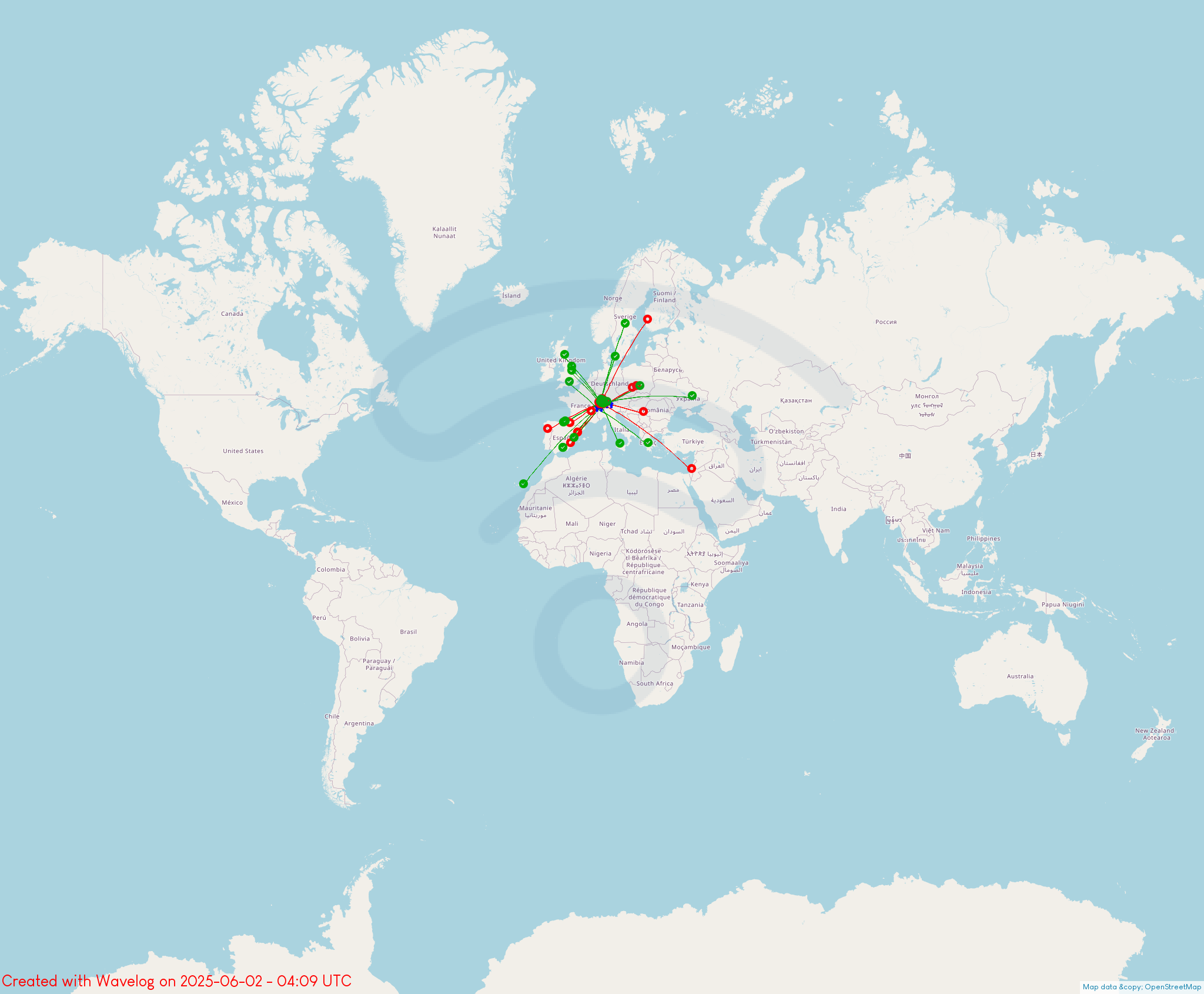 Worldmap with markers indidicating my last QSOs